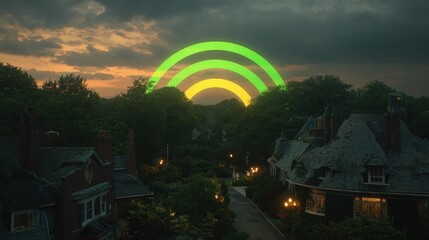 Glowing abstract connectivity arches over suburban houses at sunset