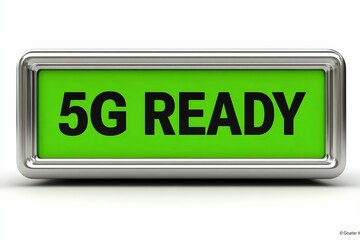 Green 5G Ready button with chrome frame, isolated on white background