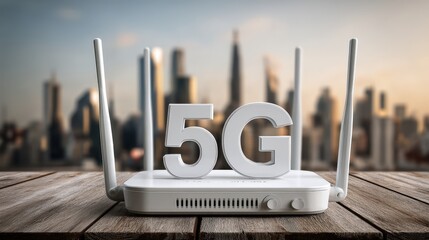 5G wireless router on wooden table with modern city skyline in background