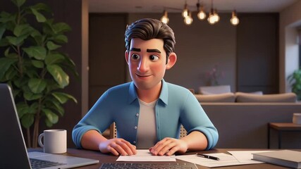 3D animated character diligently working from a modern home office setup with laptop and papers, embodying remote work productivity and focused professional effort in a relaxed setting