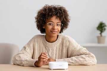 Smiling young Black woman with curly hair and glasses sitting at table with smart home device