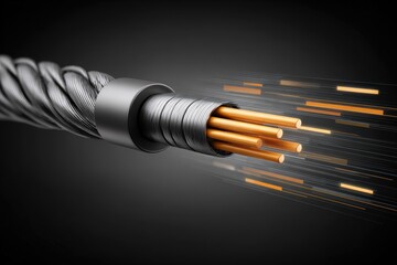 High speed fiber optic cable data transmission on dark background