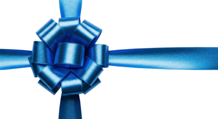 Blue Ribbon with Bow Tied. Horizontal Gift Decoration. Isolated on transparent background