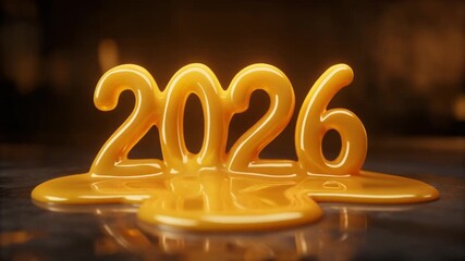 The year 2026 artfully rendered in a rich, golden, melting substance, symbolizing a sweet beginning, the fluid passage of time, and the warm anticipation of a prosperous future