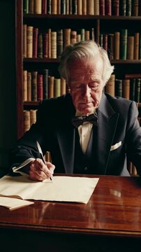 A distinguished elderly man in a suit writes at a wooden desk, surrounded by books. Captured from a low angle, perfect for a vintage-themed video.