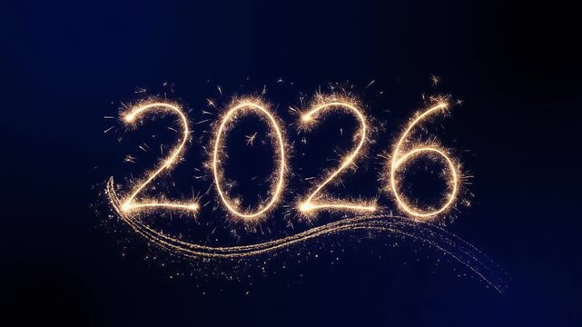 Festive greeting for the year 2026 written in golden sparkler script against a dark blue night sky background