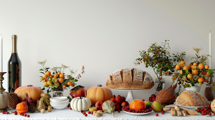 Thanksgiving table centerpiece with pumpkins, bread, flowers and wine bottle