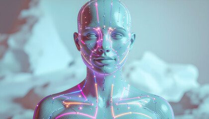 Futuristic Humanoid Head with Circuitry and Medicine Data Flow