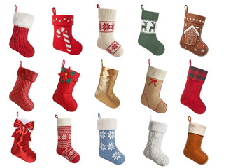 Christmas stocking collection with assorted festive fabric textures patterns bows and seasonal decorative styles arranged as isolated holiday clipart for winter design use