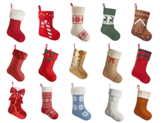 Christmas stocking collection with assorted festive fabric textures patterns bows and seasonal decorative styles arranged as isolated holiday clipart for winter design use
