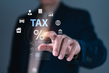 Digital tax and financial planning concept with businessman interacting with virtual tax percentage interface and finance icons