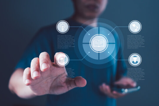 E-learning and education technology concept with hand interacting digital interface icons for knowledge, reading, learning, idea and academic achievement