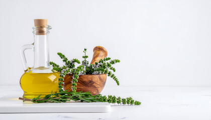 Natural herbal medicine: Olive oil bottle with fresh rosemary and mint in a mortar