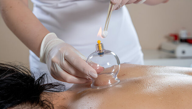 Therapist performing fire cupping therapy, an ancient form of alternative medicine, on a patient's back.