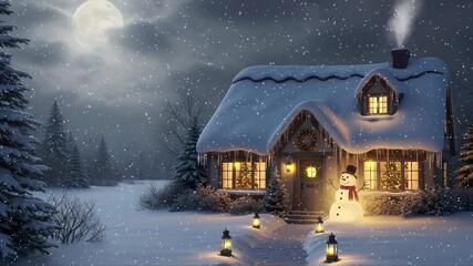 Enchanting winter wonderland scene as snow gently falls on a cozy cottage, a snowman, lit lanterns, and a full moon in the sky, holiday magic - Powered by Adobe