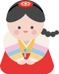 한국 전통 의상 한복을 입고 세배를 하는 소녀