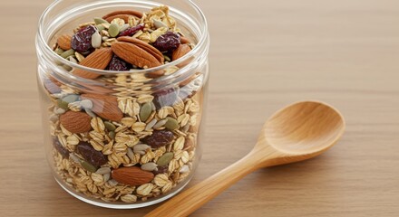 Dried food mix in glass jar with wooden spoon