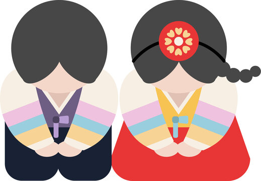 한국 전통 의상 한복을 입고 세배를 하는 아이들