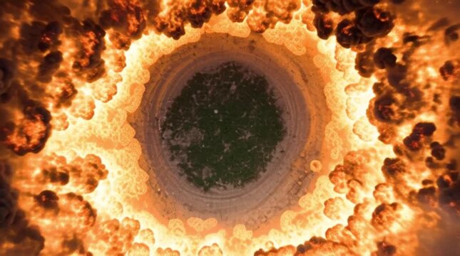 Dramatic nuclear explosion scene fiery shockwave aerial view