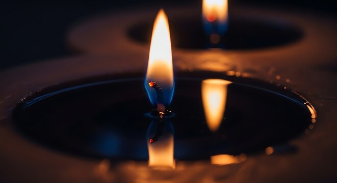 Warm candle flame with soft reflection in darkness.