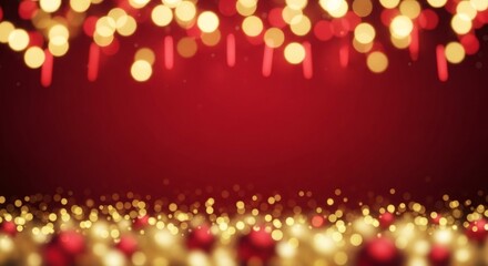 Red background with festive golden bokeh light and blurry red bauble ornaments. Seasonal celebration concept for Christmas and New Year.