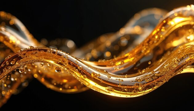 Golden liquid flows in wavy stream against dark background. Many small bubbles, droplets appear on surface. Fluid represents healthy oil, vitamin D3, omega 3, beauty serum. Shows movement, rich