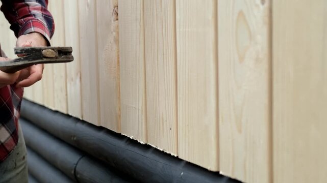 Craftsman using hammer to secure wooden planks on wall, camera zooms in