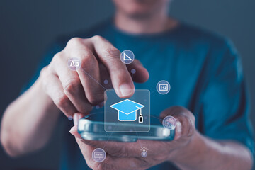 Online education access via smartphone with graduation cap icon representing mobile learning, digital education, virtual classroom, and e-learning platform
