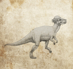 Detailed pencil drawing of a Pachycephalosaurus dinosaur on aged parchment paper