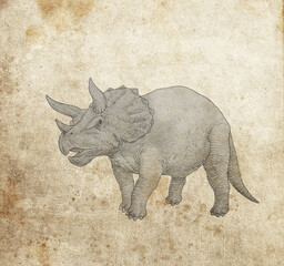 Pencil sketch of a Triceratops on aged parchment paper, a prehistoric dinosaur © Abel