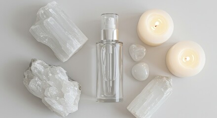 Elegant clear bottle and candles flat lay