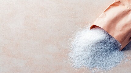 A kraft paper bag tipped over, spilling a pile of white granulated sugar onto a textured light pink surface. The lighting is soft and highlights the texture of