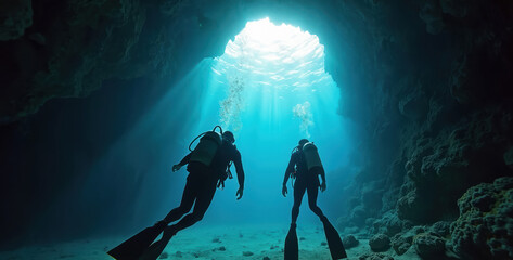 Two scuba divers swim through underwater cave tunnel. Sun rays pierce blue ocean depths illuminating aquatic life and rock formations. Explorers discover marine cavern.