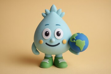 Smiling light blue cartoon character holding small earth globe on beige background