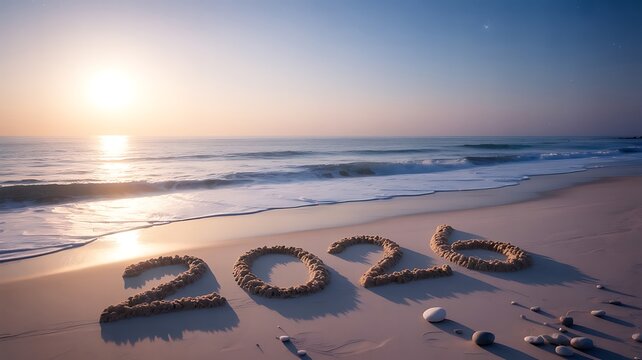 Year 2026 written in sand on a serene beach at sunrise - Powered by Adobe