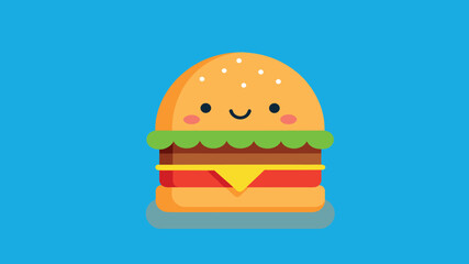 Cute happy burger character with smiling face on blue background