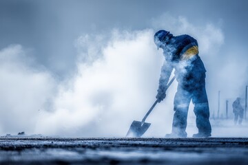 Worker in uniform shoveling on road with thick steam