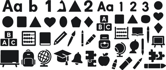 Children’s Educational Solid Black Silhouette Icons Set on White Background