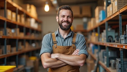 Smiling man in hardware store warehouse. Bearded shop worker stands with crossed arms. Confident employee is surrounded by shelves of equipment. Happy guy is ready to assist customers with tools.