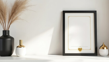 Empty award certificate frame on shelf. Modern decor with vase and pampas grass. Minimalist interior design with copy space for recognition or achievement.