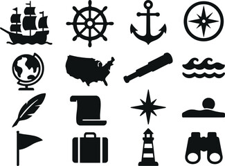 RMS Queen Mary Long Beach California Solid Silhouette Icons Set on White Background © MORIUM JANNAT