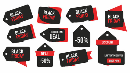 Boost your Black Friday marketing with these eye-catching sale tag graphics for your online store discounts and limited time deals, shop now offers