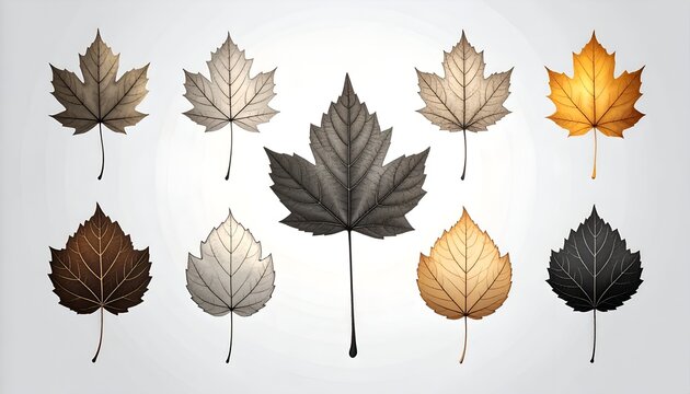 Digitally rendered leaves in diverse autumn colors, arrayed on a light background