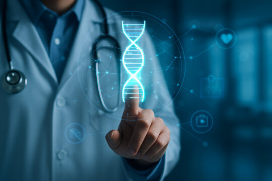 Genetic Engineering and DNA Research Concept: Doctor Touching Holographic Helix Screen in Modern Medical Technology Lab.