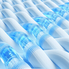 Obraz premium Macro 3D Render of Woven Textile Fibers with Glowing Blue Translucent Strands Representing Technical Protection