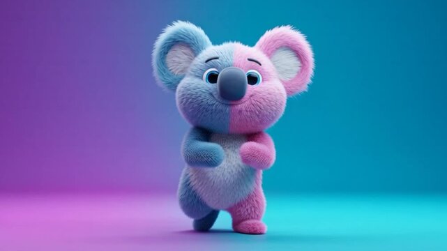 Adorable Bicolor Koala Character Waving in a Neon Lit Studio.