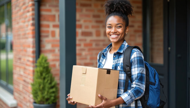 Smiling Black woman holds cardboard box at her home doorstep. She wears casual clothes and a backpack ready for delivery. Happy client gets online order indoors.