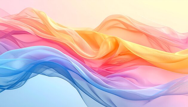 Flowing, multicolored translucent fabric sweeps across a gradient background