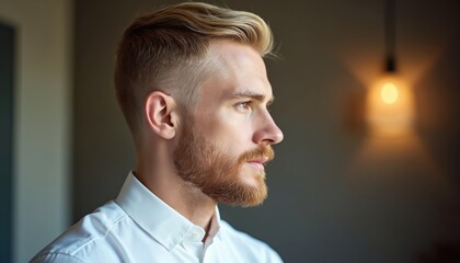 Blond man profile portrait. Guy in white shirt has stylish haircut with blond beard. Male indoors poses with trendy modern hairstyle. Barbershop concept. Handsome guy looks stylish and elegant.