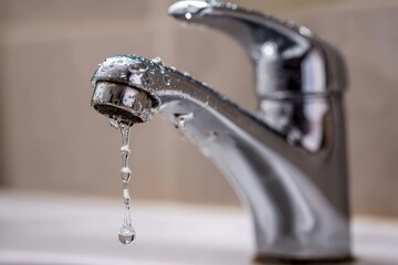 Close up of water dripping from shiny chrome faucet